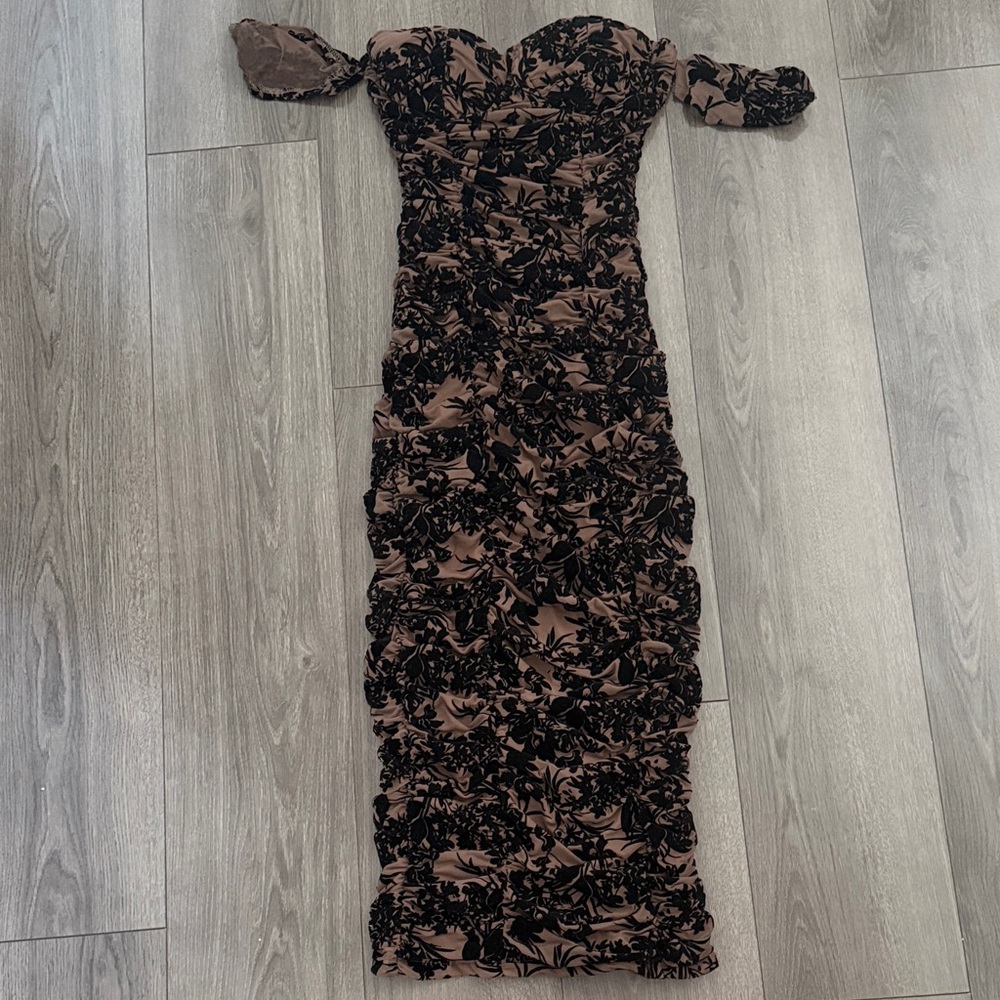 NWOT Elegant Black and Brown Floral Off-Shoulder Dress